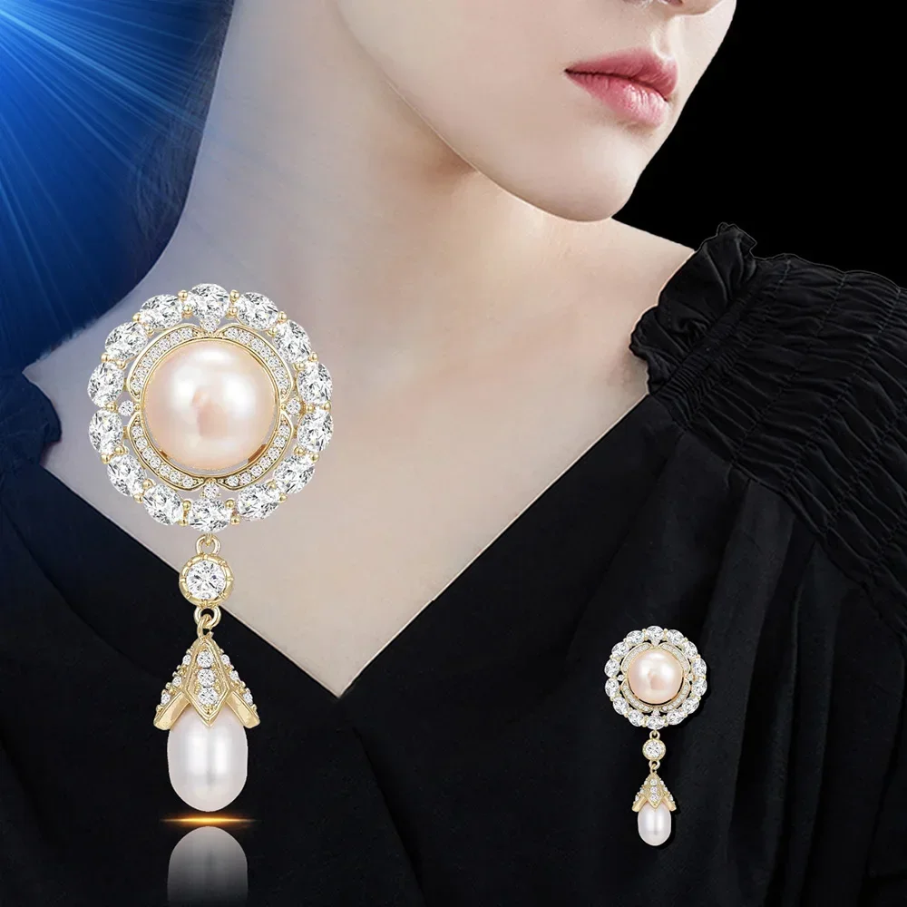 Women's Pearl Pendant Brooch New Copper Micro Inlaid Zircon Brooches Buckle Accessories Clothing Dress Anti-slip Safety Pins