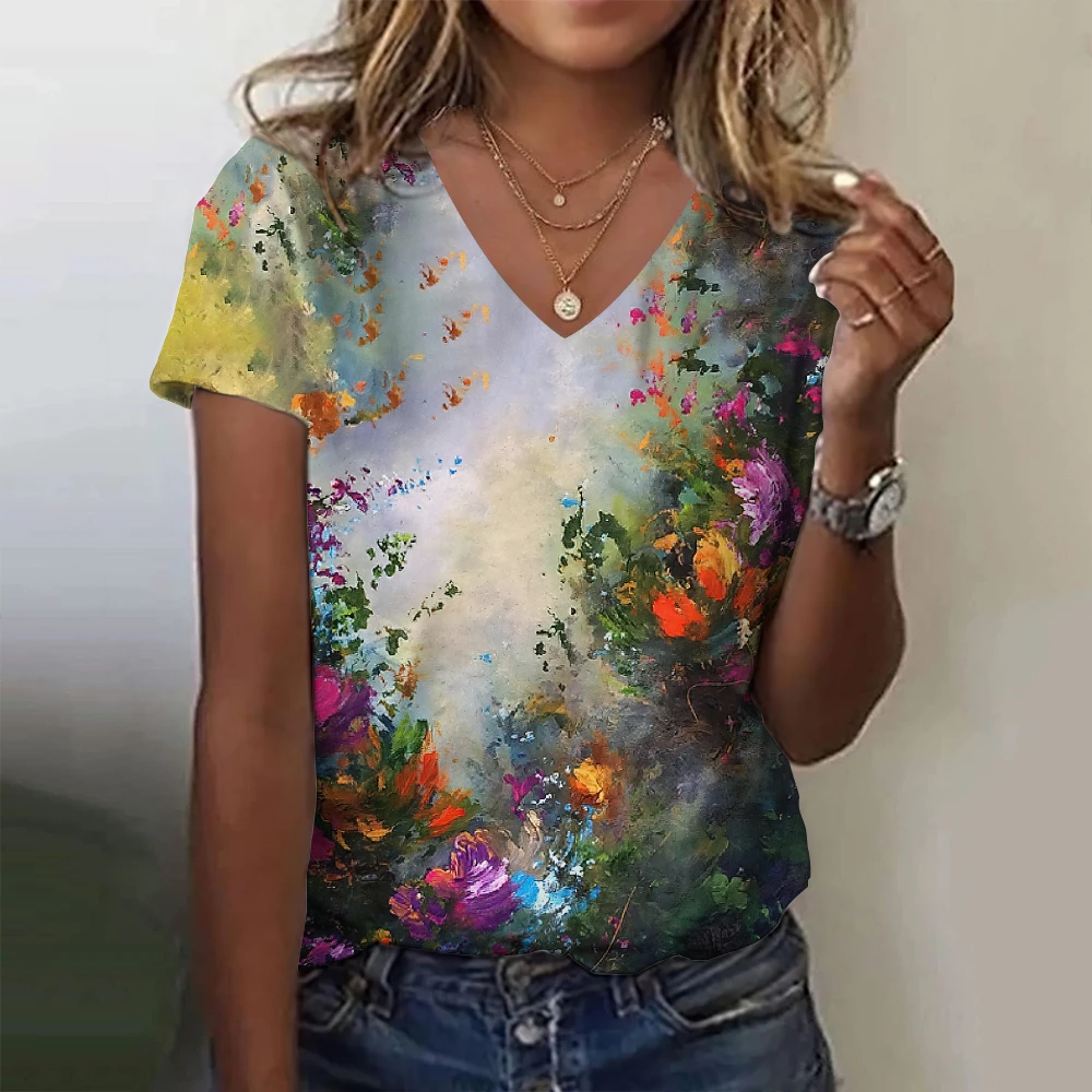 

Women's T-Shirt Retro Gradient Flower 3d Print V-Neck Sweater Design Short Sleeved Top Tee T Shirt For Women Summer