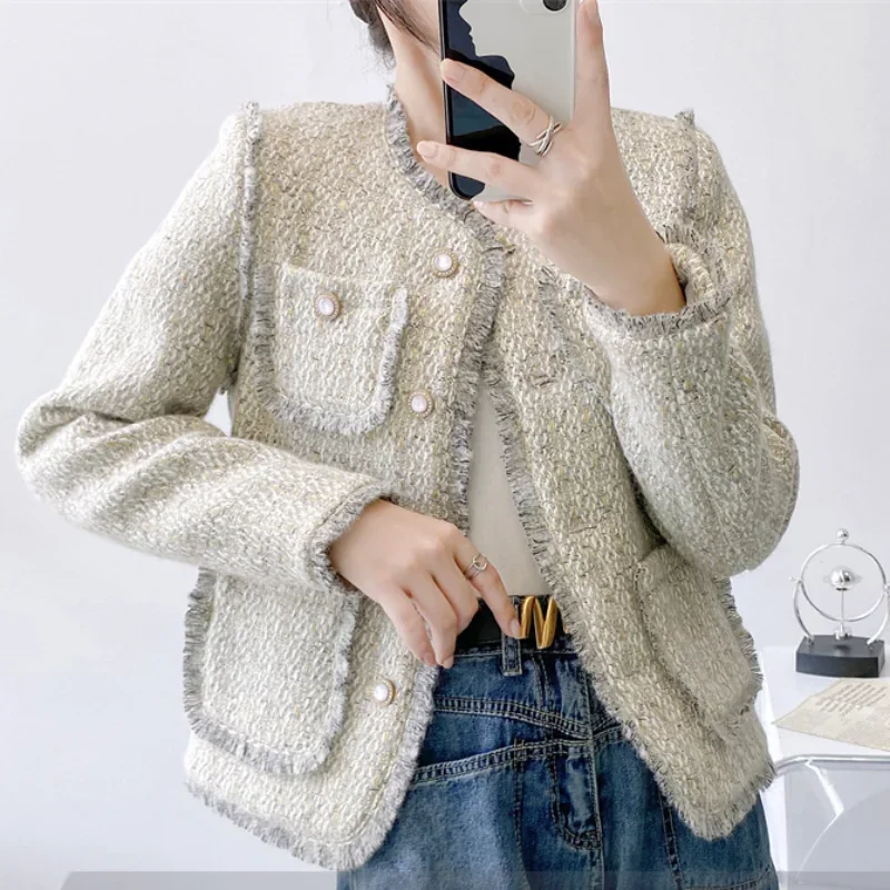 

Light Blue Elegant Fashion Coat Women's Autumn Winter New Wool Tassel O Neck Korea Chic Sweet Small Fragrance Tweed Jacket 1694