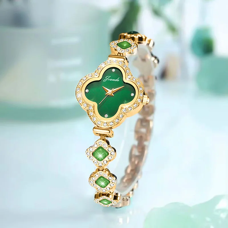 Reloj de pulsera de lujo para mujer, reloj de mano de cuarzo resistente al agua con diamantes de imitación verdes de acero, regalo para su puntero, reloj de pulsera para mujer con diamantes