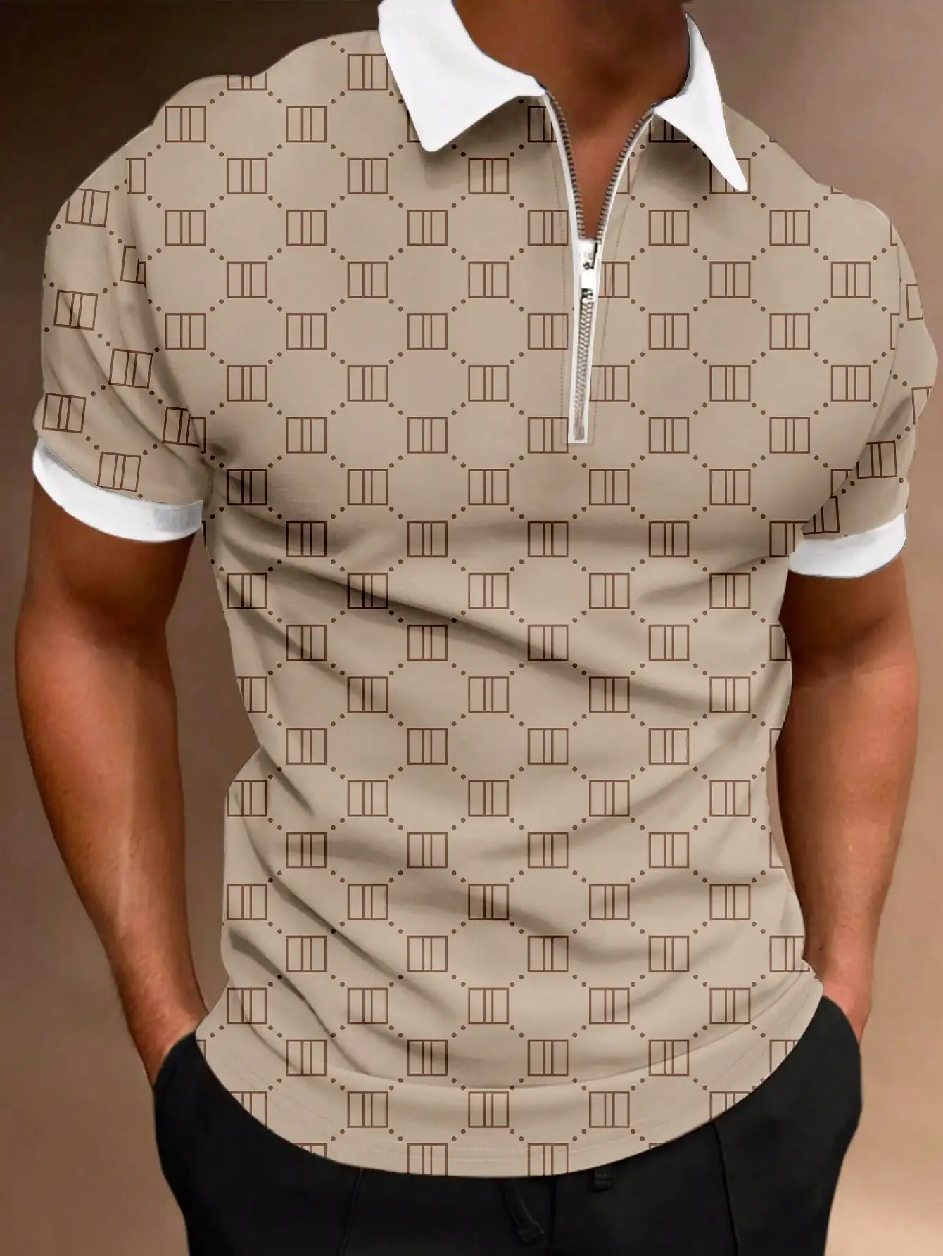 

Men's Beige Geometric Print Short Sleeve Zipper Polo Shirt for Casual Summer Wear