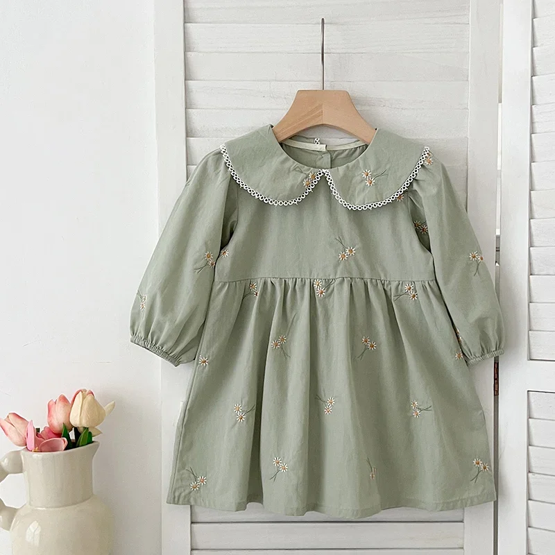 1-6Y Autumn New Girls Dress Fashion Cute Doll Neck Embroidered Flowers Dress Spring Children\'s Girls Long Sleeve Princess Dress