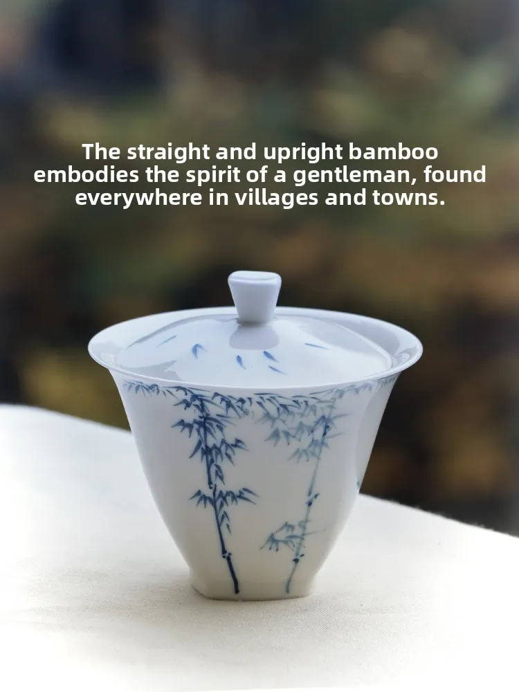 Hand-Painted Bamboo Cover Bowl Single Porcelain Tea Set for Tea Brewing Chinese Style Ceramic Water Ink Sketch Tea Cup