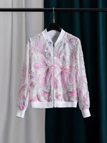 Women Pink Beaded Mesh Bomber Jacket Long Sleeve Baseball Jacket Fashion Casual Spring Fall Outerwear Coat Top