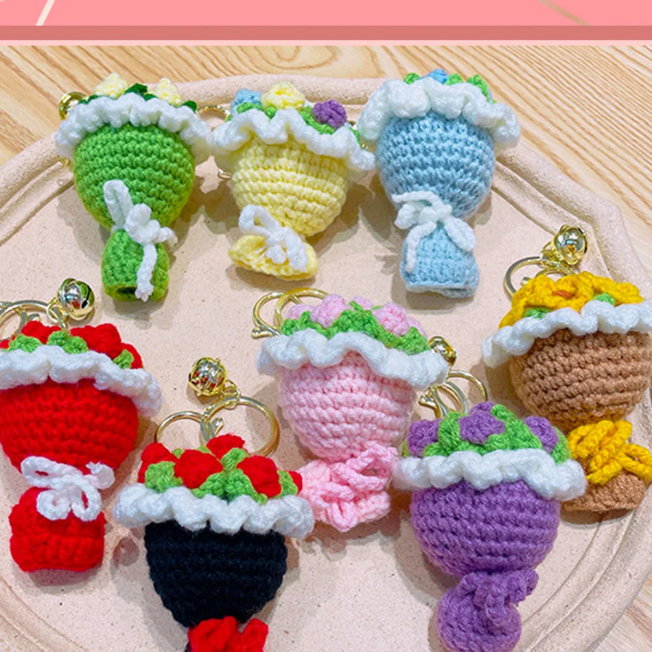 Handmade Multicolor Crochet Flower Bouquet Keychain Eternal Rose Charm Knitted Mini Yarn Flower Bag Pendant Unique Birthday Gift