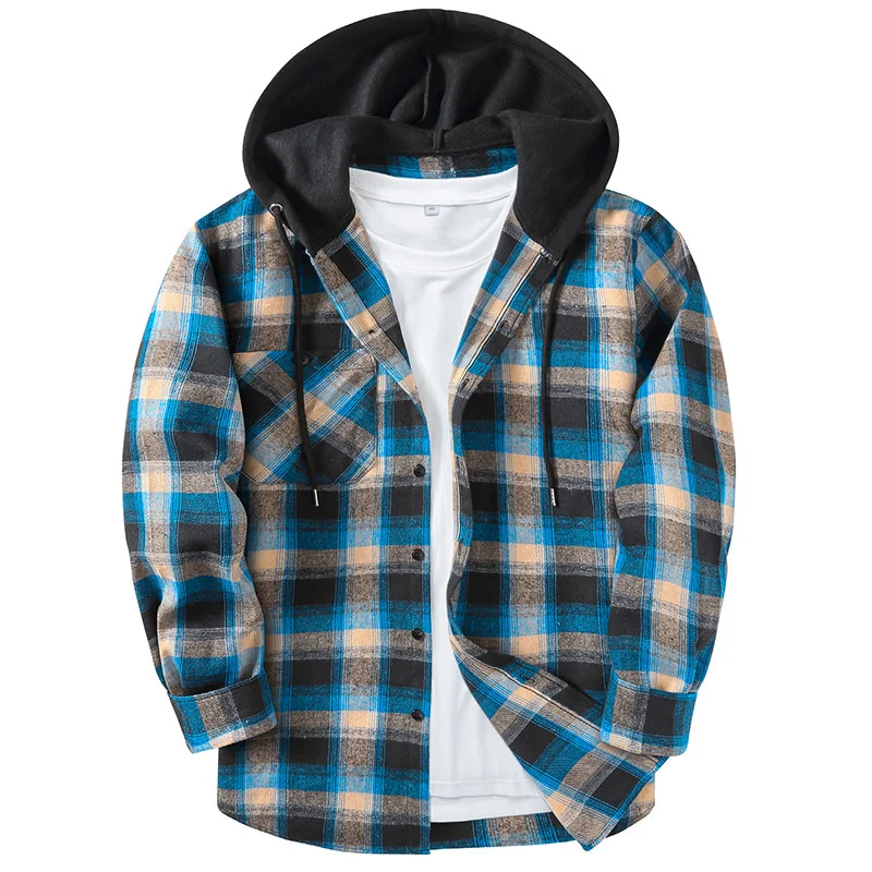 Autumn Winter Men's Long Sleeved Plaid Shirt Youth Casual Loose Fitting Hooded Cardigan Shirts Coat