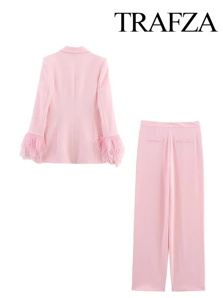 TRAFZA Women's Summer New Fashion Feather Pink Pant Suit Lapel Long Sleeve Blazer Coat+High Waist Pocket Commute Casual Trousers