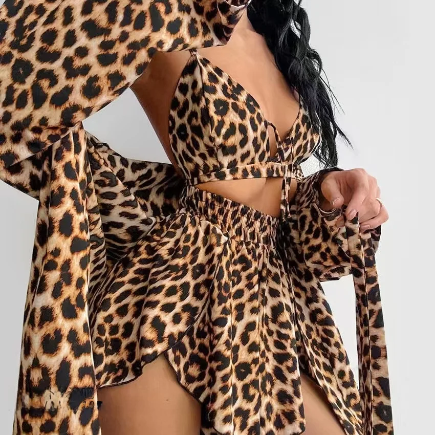 

Sexy Leopard Print Sleepwear Set Vest Shorts Three Piece Set Comfortable Loose Fit Long Sleeve V Neck Home Wear Summer Thin
