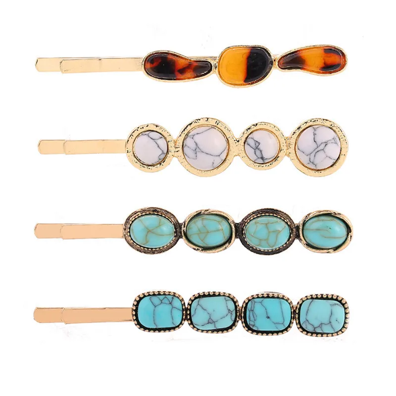 European and American Style Women Geometric Turquoise Stone Leopard Acrylic Hairpins Vintage Boho Hair Clips