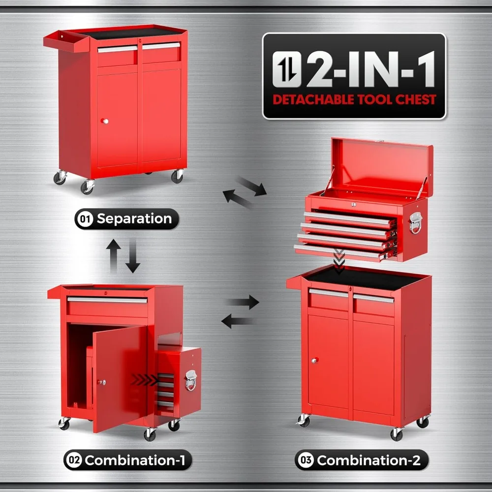 頑丈な5段引き出し付きローリングツールチェストキャビネットコンボ、ロック可能なスチール製ガレージツールボックス（車輪付き）- ブラックライナー付属