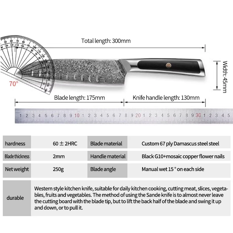 PLYS Damascus Steel Santoku Knife，VG10 Steel Handle Western 6.9 inch Chef Knife，Kitchen Sharp Meat Slicing Knife