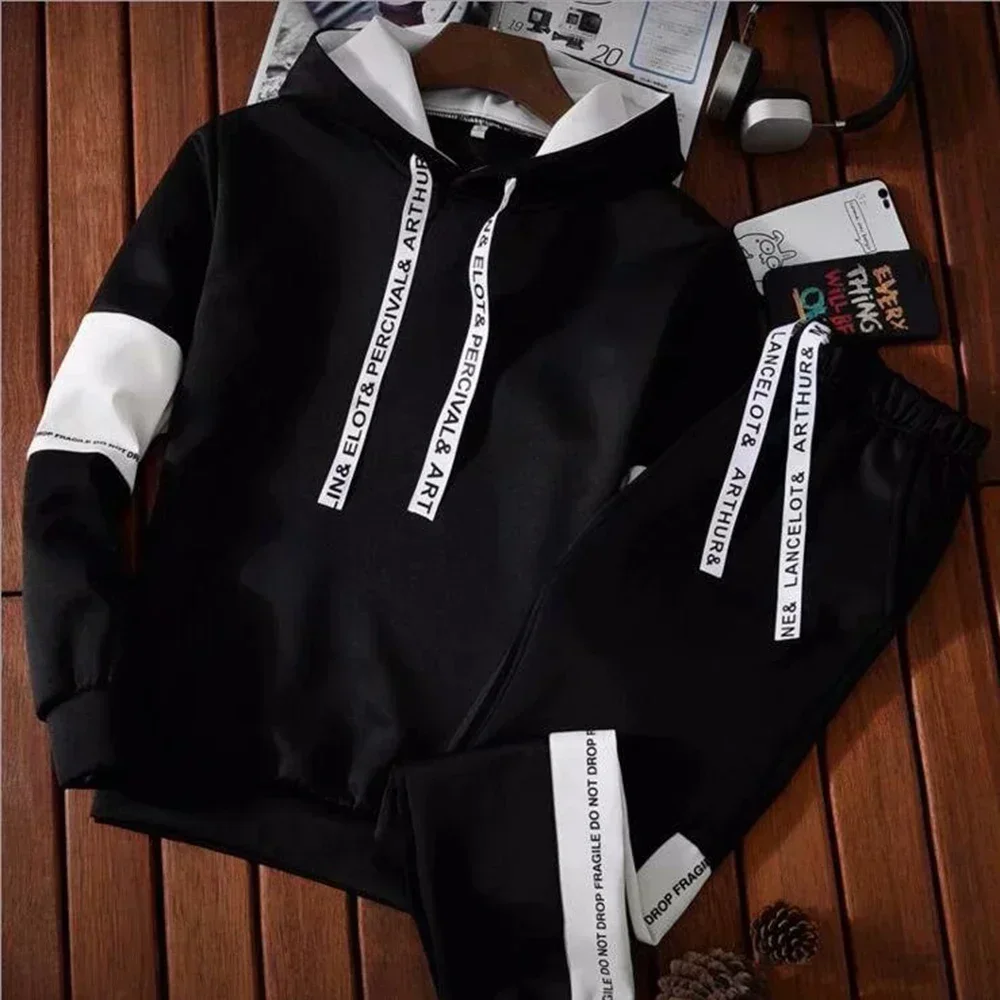 Men's Hooded Tracksuit Black White Color Matching Hoodies + Sweatpants 2 Pcs Set Outdoor Sportwear Leisure Suit