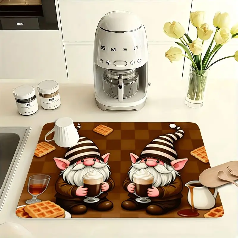 VIKAMA Coffee Goblin Tableware Drainer Mat Checkered Dwarf Goblin Absorbent Non Slip Coffee Maker Mat Kitchen Home Decor