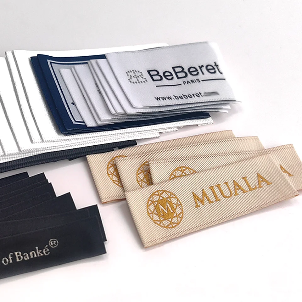 Custom LOGO Black and White Woven Label Sew on Clothing Satin Tags on Collar Neck Label Cotton Garment Accessories
