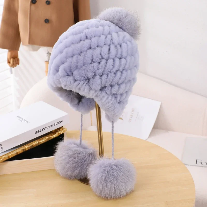 Genuine Rex Rabbit Fur Hat for Women Fall Russian ushanka Stripe
