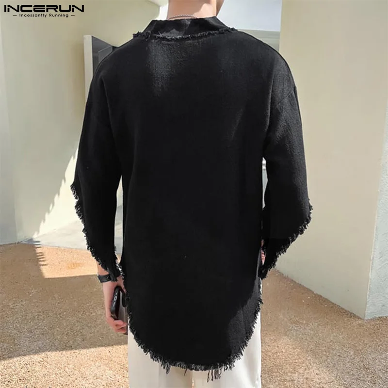 2024 Men T Shirt Solid Color Tassel V Neck Half Sleeve Casual Men Clothing Streetwear Loose Oversize Fashion Tee Tops INCERUN