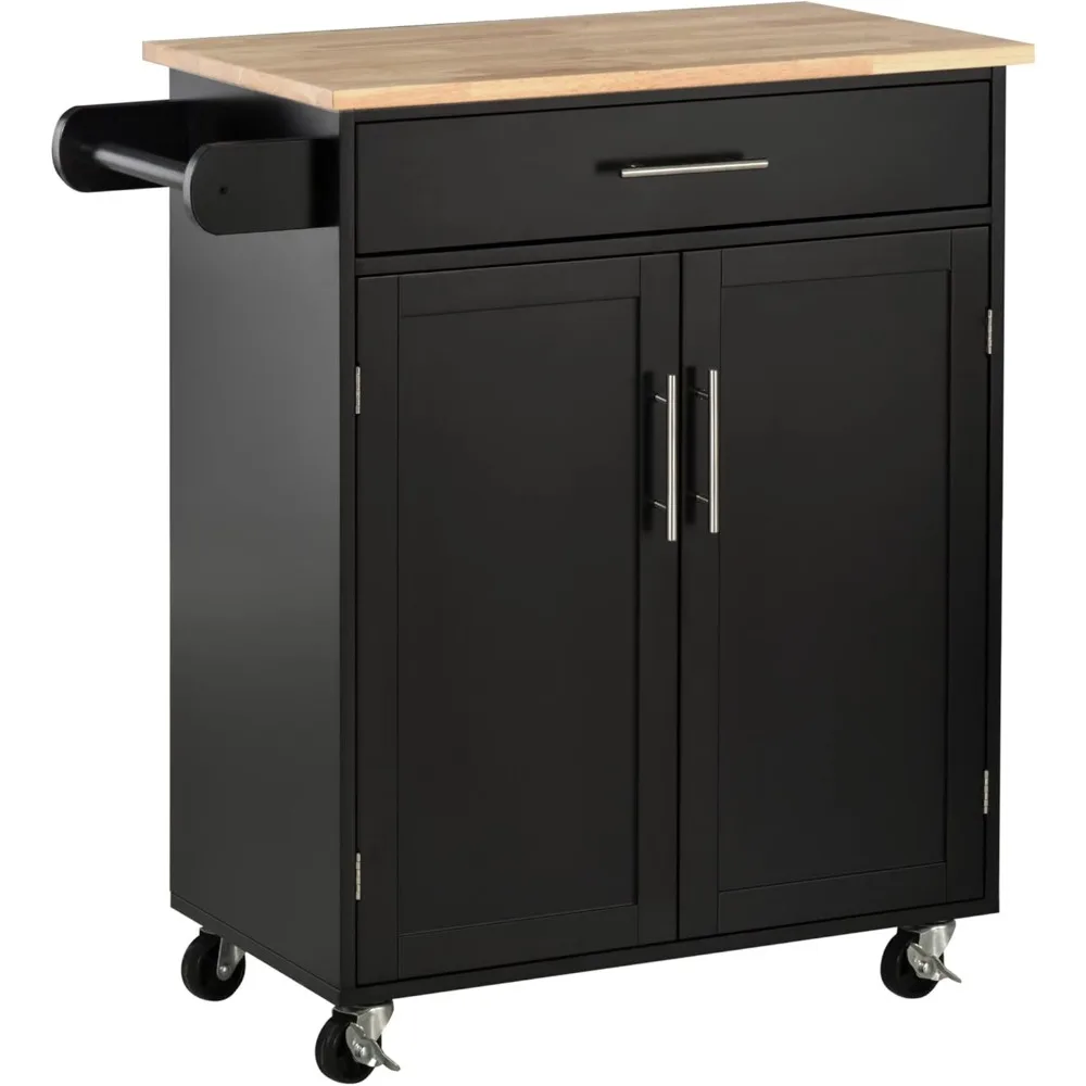 

Kitchen Island Cart Rolling Trolley Cart with Drawer, Storage Cabinet & Towel Rack, Black