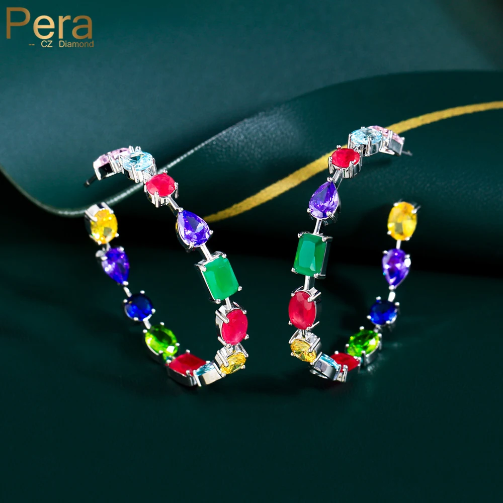 Pera Trendy Multicolor Cubic Zirconia Big Rainbow Half Circle Hoop Earrings Summer Jewelry for Women Fashion Accessories E0014