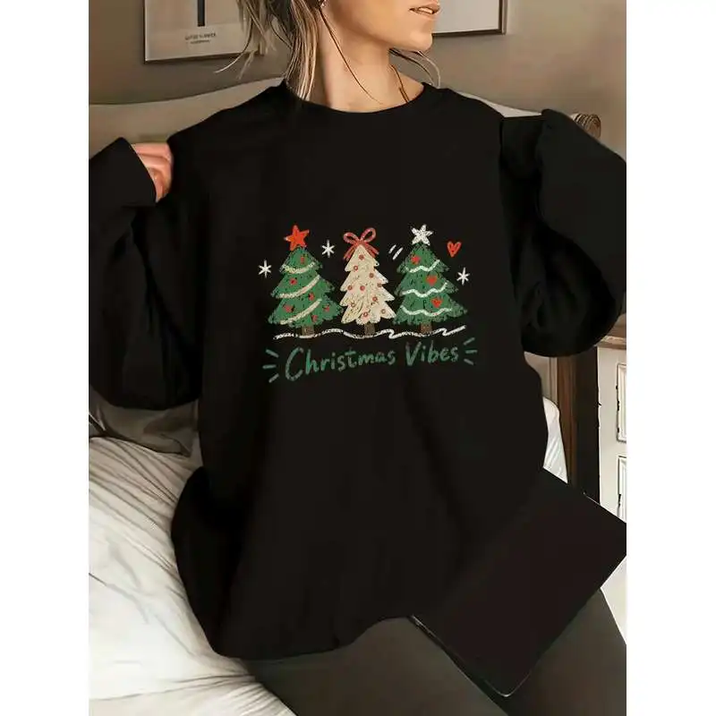 Women Black Christmas Sweatshirt Cute Christmas Tree Graphic Long Sleeve Casual Top