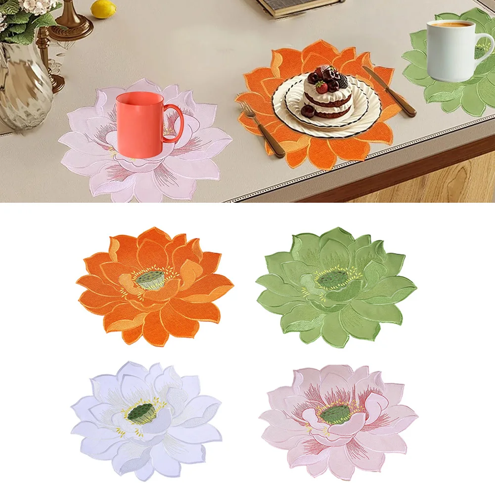 Lotus Flower Embroidered Placemats for Home Dining Table Rustic Style Synthetic Fiber Placemats 30x30cm Set of 4