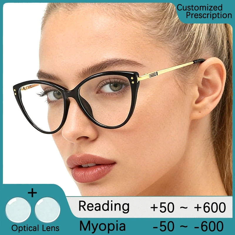 Lunettes de lecture œil-de-chat rétro pour femme, lunettes optiques de luxe pour ordinateur, design tendance à rivets, anti-lumière bleue, lunettes de vue sur ordonnance