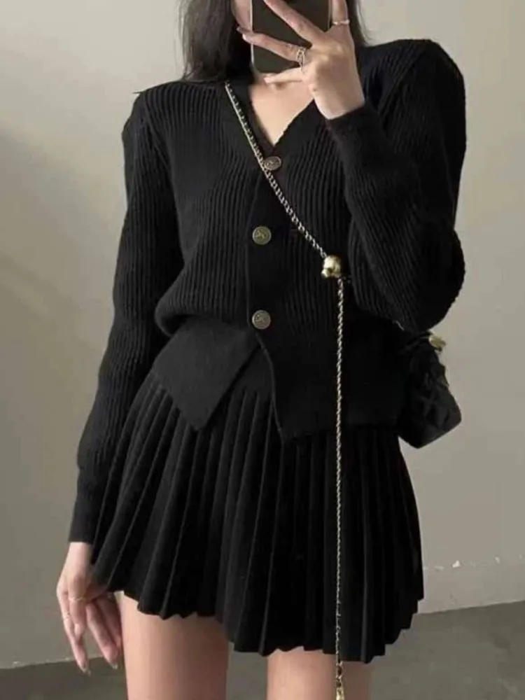 Y2K Casual Knitted 2 Piece Set Single Breasted V-neck Top High Waist Mini Pleated Skirt Korean Fashion Solid Outfits Autumn  New