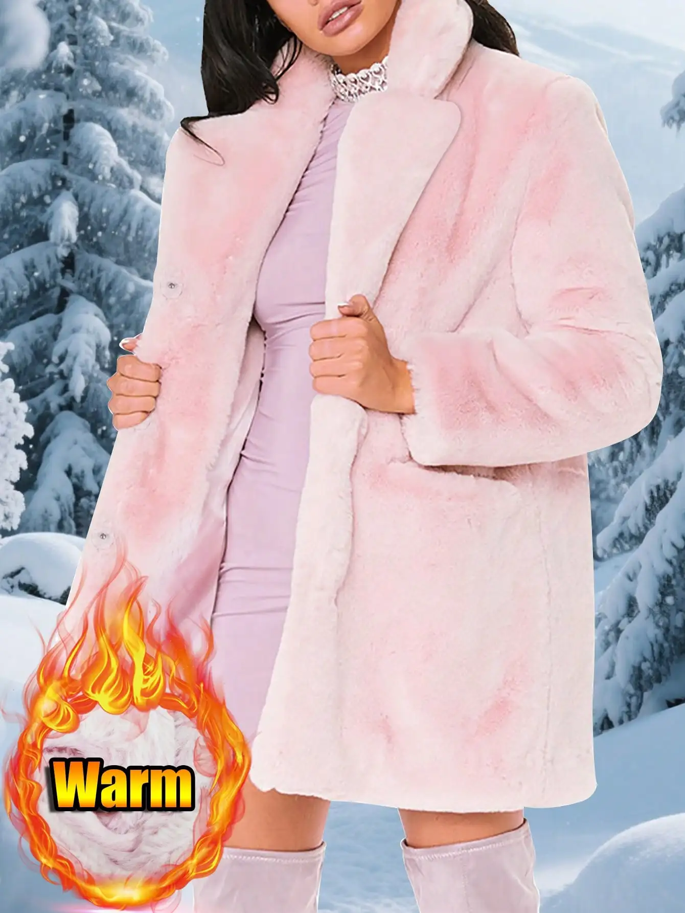 

Розовое длинное пальто из искусственного меха для женщин, теплая зимняя куртка со скрытыми пуговицами и карманами, повседневный модный стиль