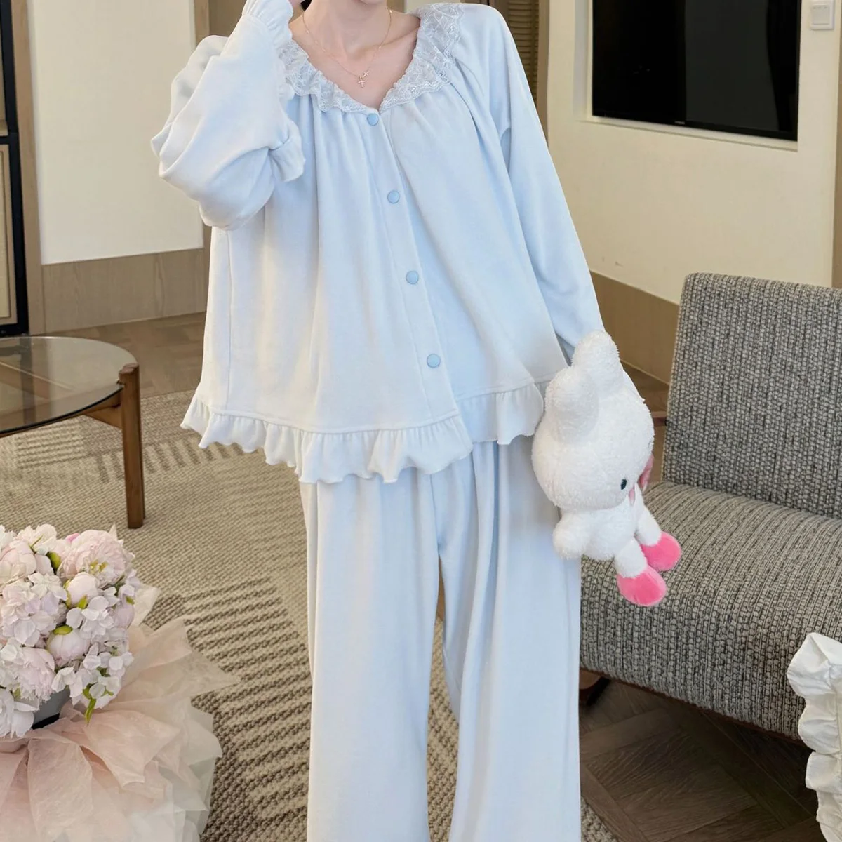 Winter Soft Home Wear Double-sided Velvet Warm Thick Island Female Lace Top and Pants Pajamas Suit Korean Sweet Girls Sleepwear