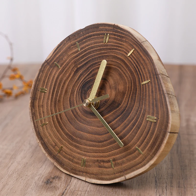 Natural Wooden Ring Table Clock Wood Cross-section Texture Pattern Design of The Original Wood Color Table Clock Home Mute Clock