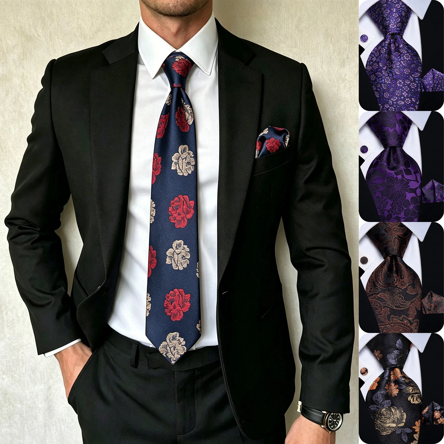 Romantic Floral Tie Set 3Pcs Mens Tie Hanky Cufflinks for Wedding Ceremony Business Banquet Office Interview Prom Formal Party