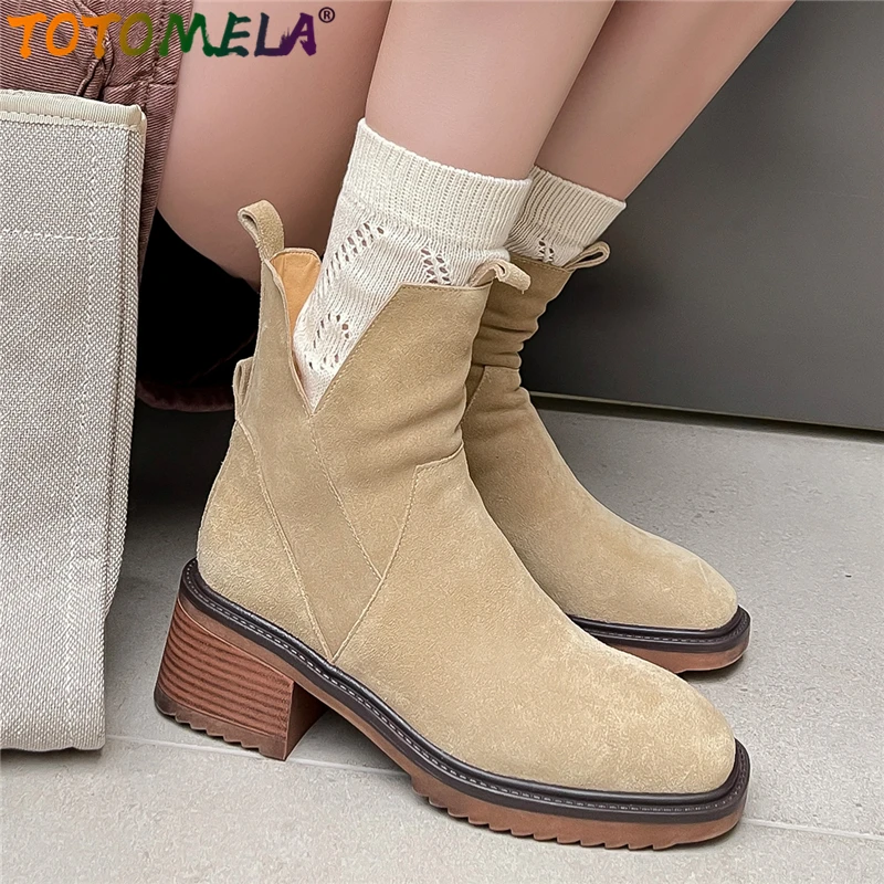 

TOTOMELA Cow Suede Leather Ankle Boots For Women Handmade Square Heels Autumn Winter Women's Western Boots Retro Ladies Shoes