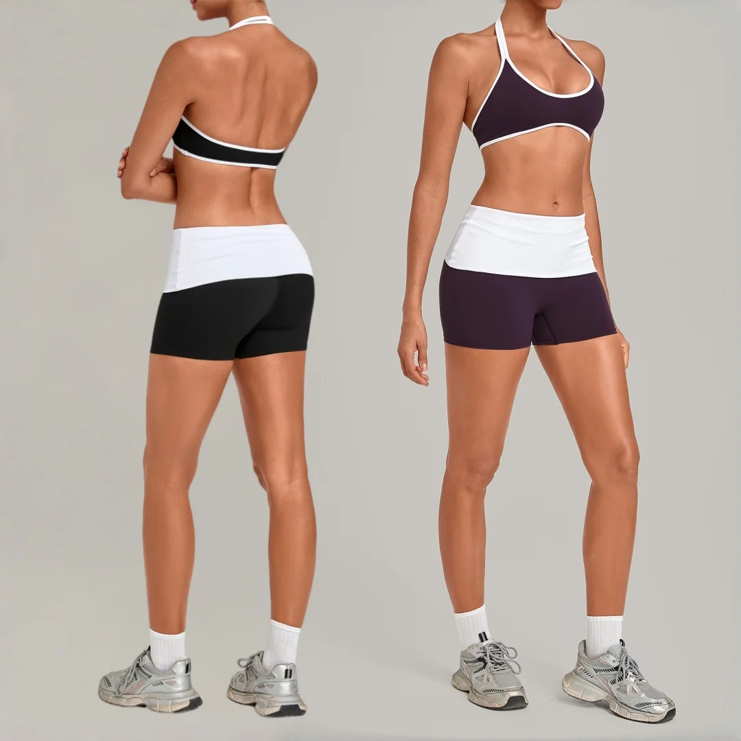 Women's Yoga Set Hips Lift Tight Neck Hanging Invisible Folds Fold Waist Sports Shorts Fitness Set Running Workout Gym Yoga Suit