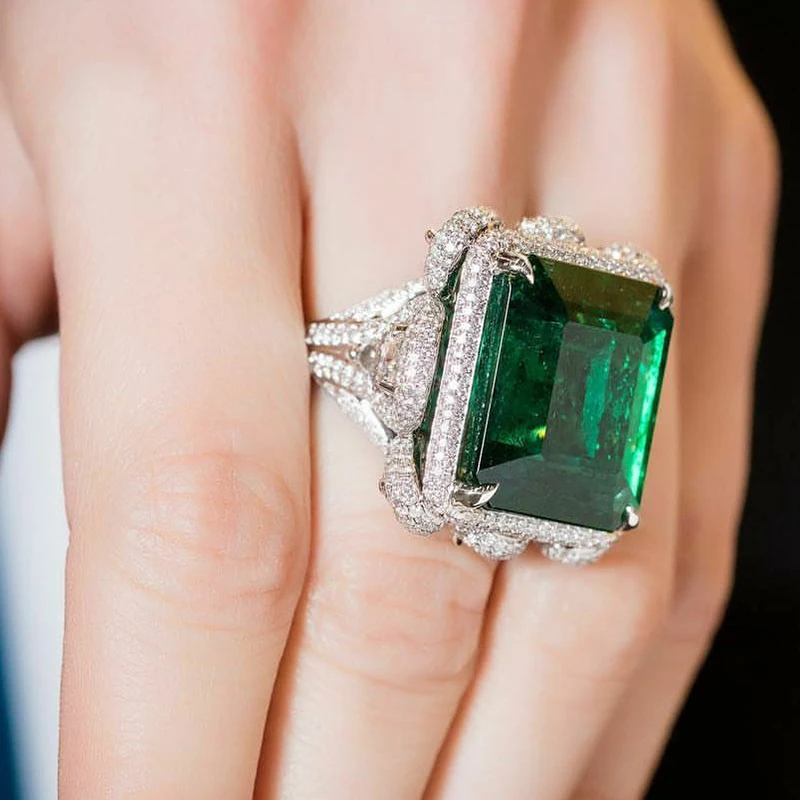 Huitan Hyperbole Square Green Cubic Zirconia Rings Women Wedding Anniversary Party Gorgeous Lady's Special-interested Jewelry