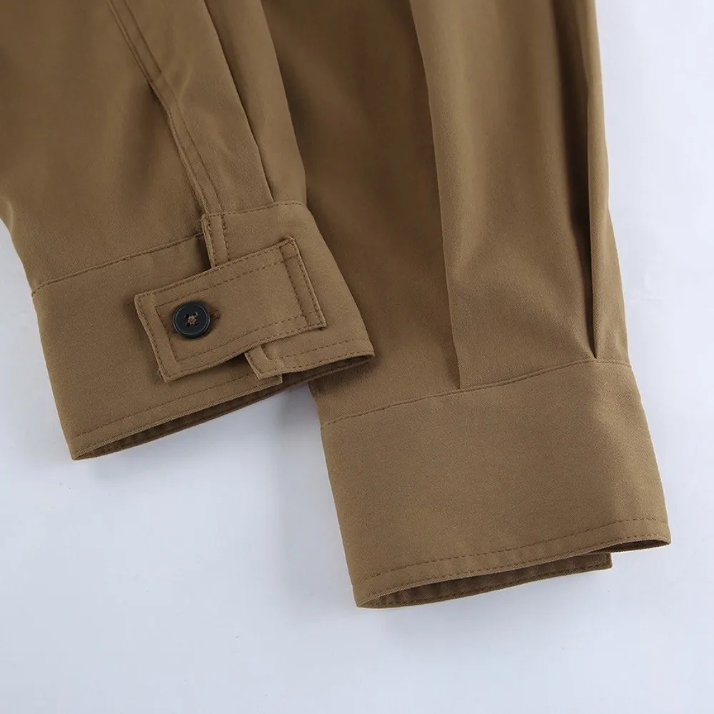 Khaki Women Cropped Trench Jacket Cropped Length Loose Fit Cropped Windbreaker Strap Cuff Lapel Collar Women Lapel Jacket