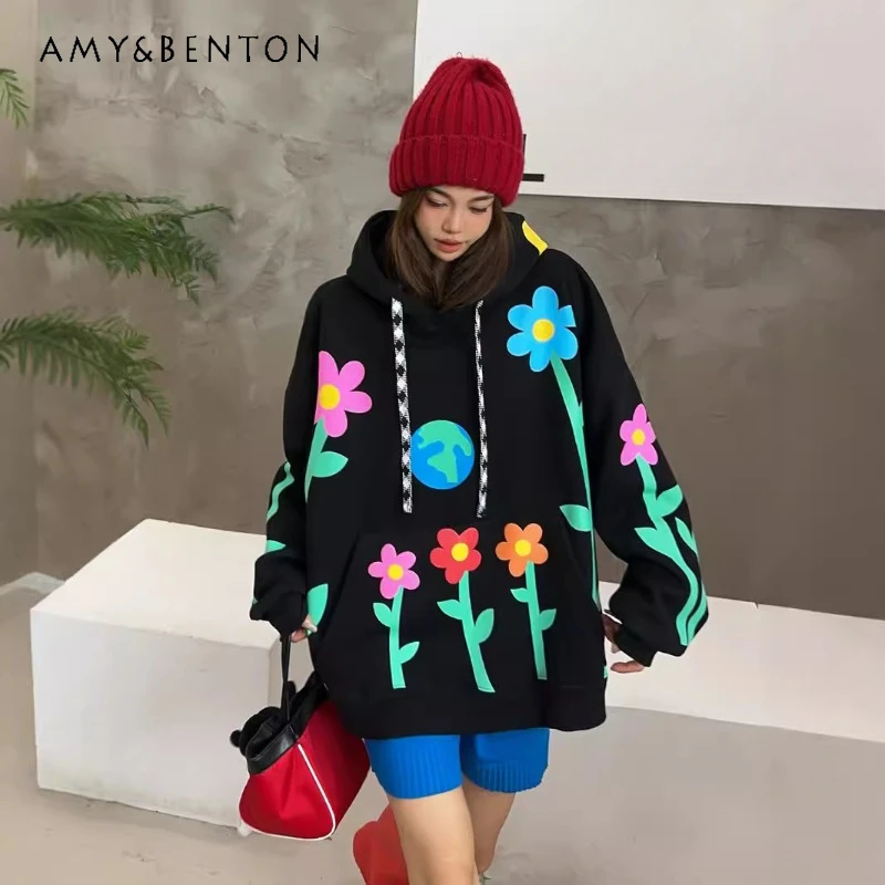 

Winter Oversized Loose Casual Age Reduction Fleece Thickened Hooded Sweatshirts Women's Graffiti Full Print Small Flower Hoodies