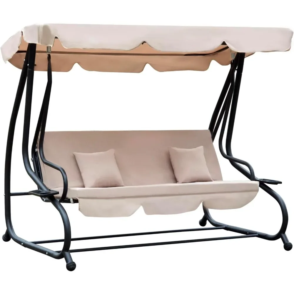 

3-Seat Outdoor Patio Swing Chair, Converting Flatbed, Outdoor Swing Glider with Adjustable Canopy, Removable Cushion and Pillows