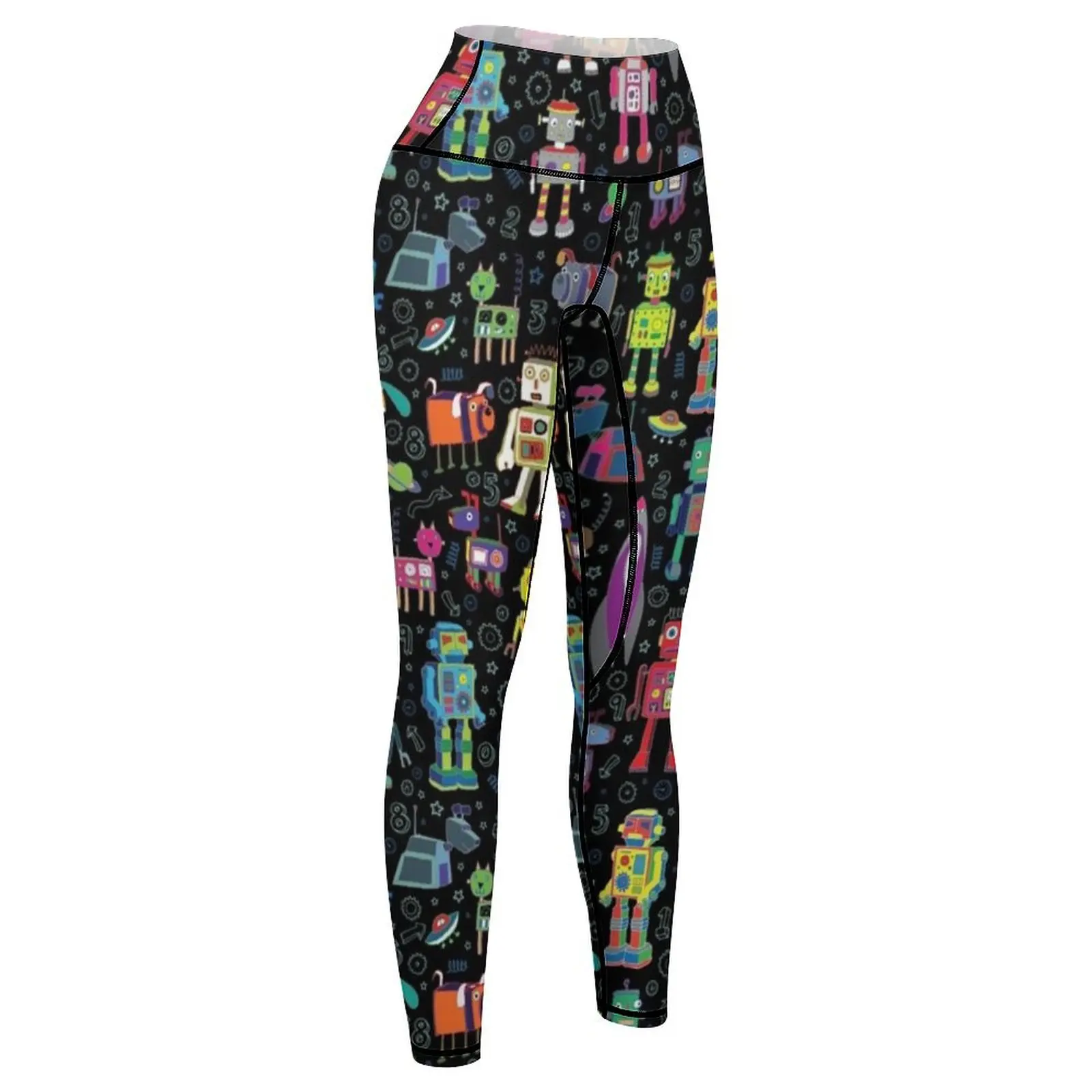 Robots in Space - black - fun pattern by Cecca Designs Leggings Women's sportswear sporty woman gym Womens Leggings