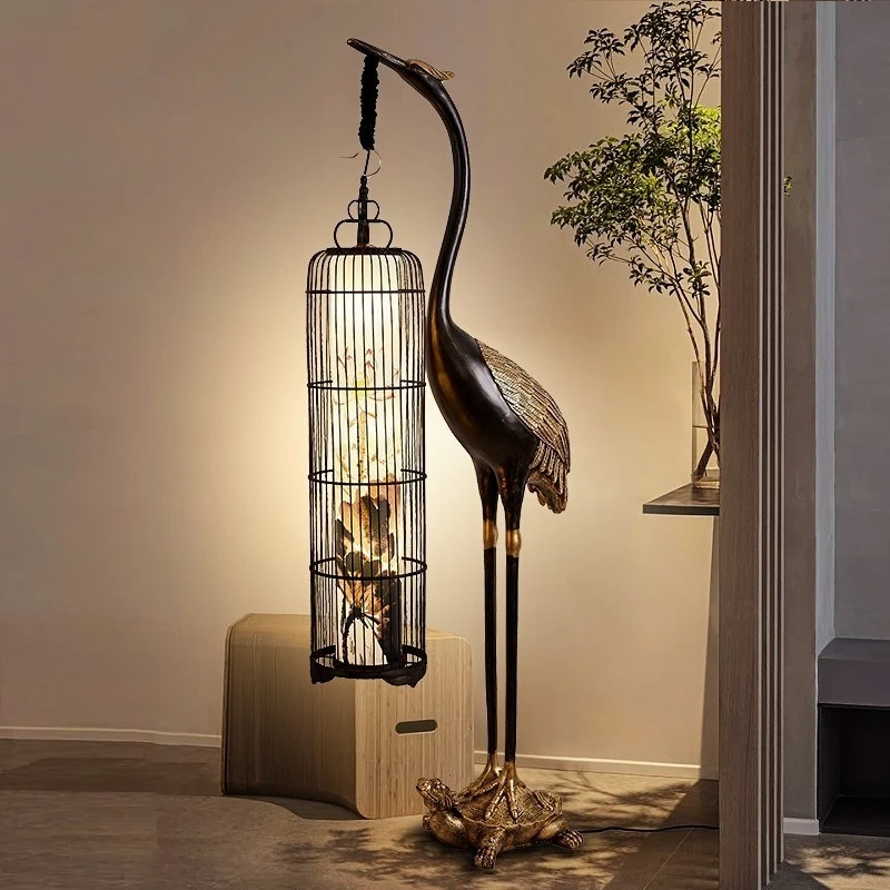 

New Chinese floor lamp antique crane lantern zen Chinese style living room sofa vertical ornament wrought iron birdcage lamp