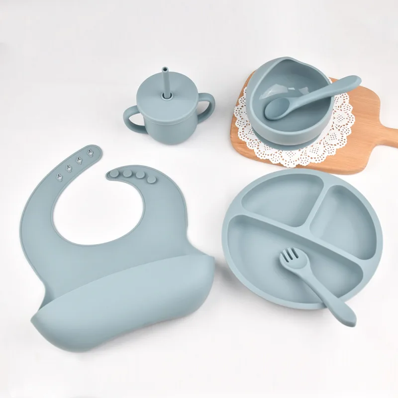 6 Stuks Siliconen Servies Set Baby Voeding Waterdichte Slabbetje Bord Kom Lepel Vork Stro-Cup Kinderen Groei Cadeau Voor Jongen Meisje