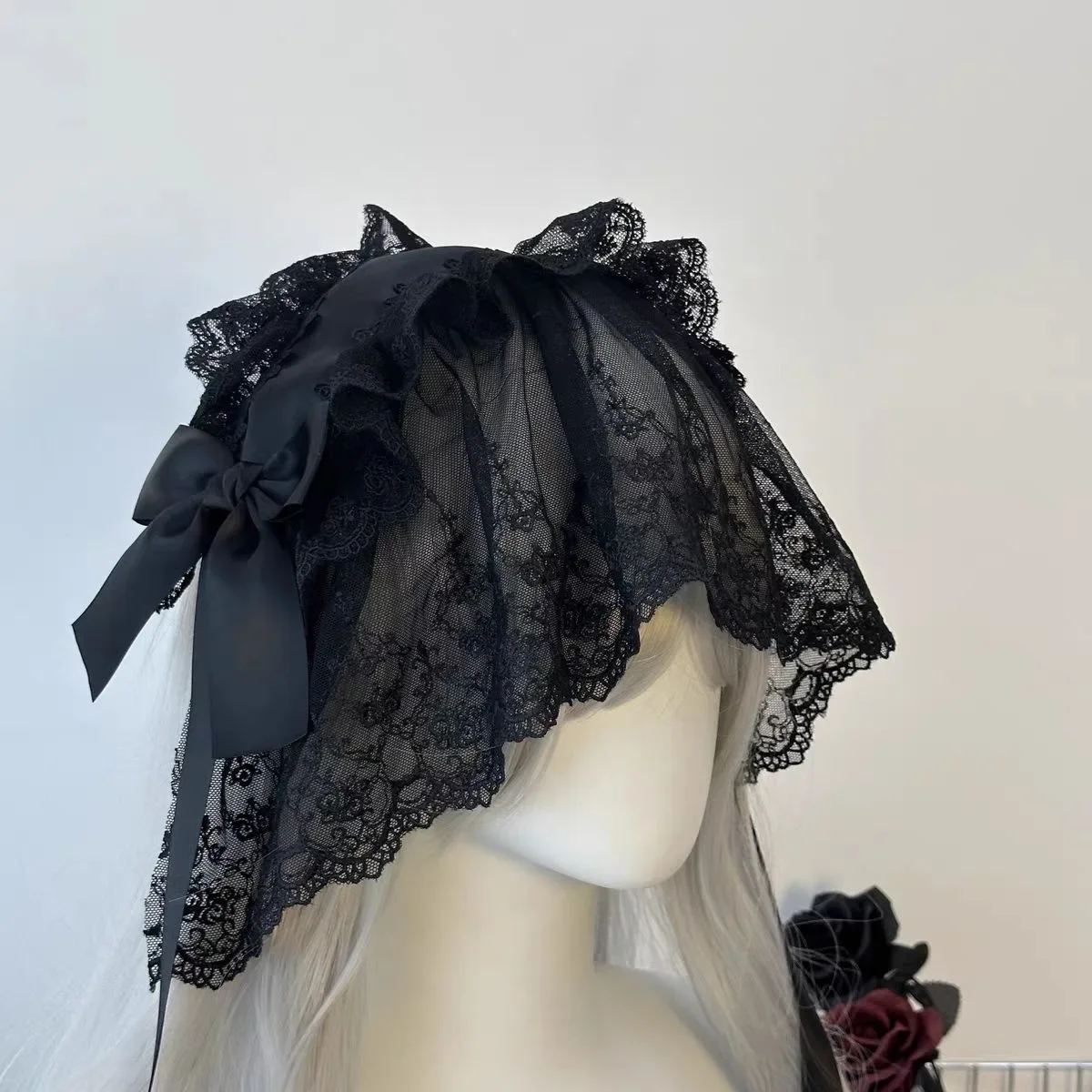 Gothic Black Lace  Veils Maid Headdress Ruffled Lace Headpiece Lolita Cosplay Headwear Costume Accessories