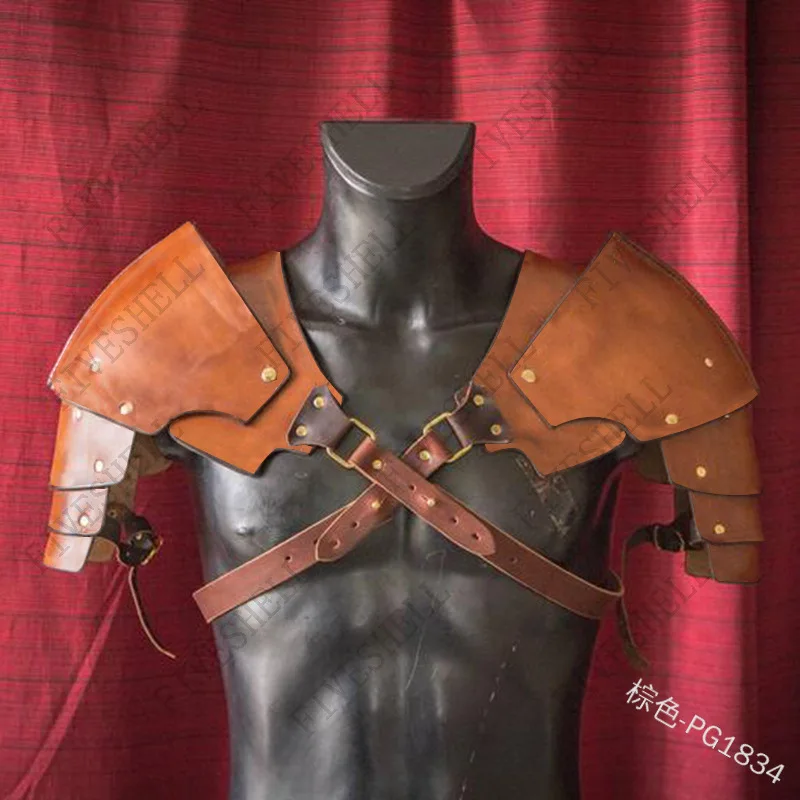 Traje medieval masculino, acessório cosplay vintage, gótico, guerreiro, cavaleiro, ombro, cinto de couro PU, peito, cinto de arnês