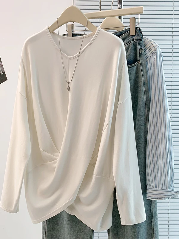 

Женская футболка Long Sve размера плюс, асимметричный дизайн с v-образным вырезом, элитная повседневная одежда, удобный дышащий осенний сезон