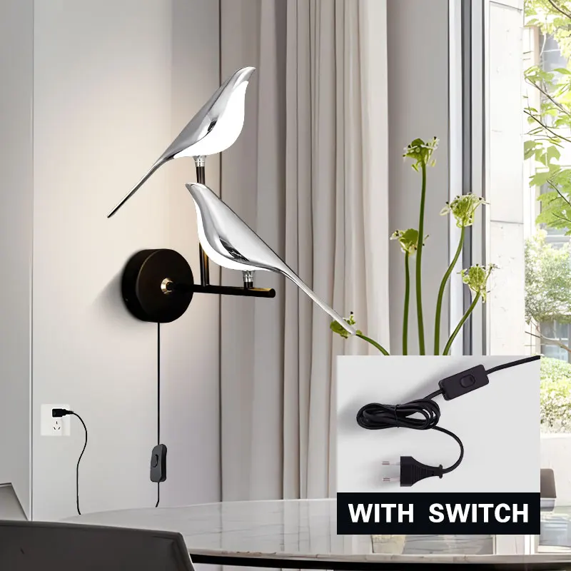 Magpie Bird LED Wall Lamps with Plug for Bedside Bedroom 360° Rotation Indoor LED Wall Lights Fixture Wall Sconce Home AC85-265V