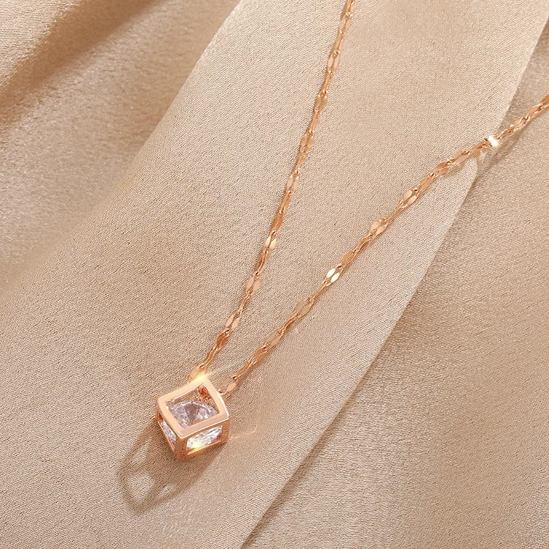 Yupsk Classic Zircon Crystal Inside Hollow Square Stainless Steel Necklace For Women Korean Fashion Clavicle Chain Jewelry