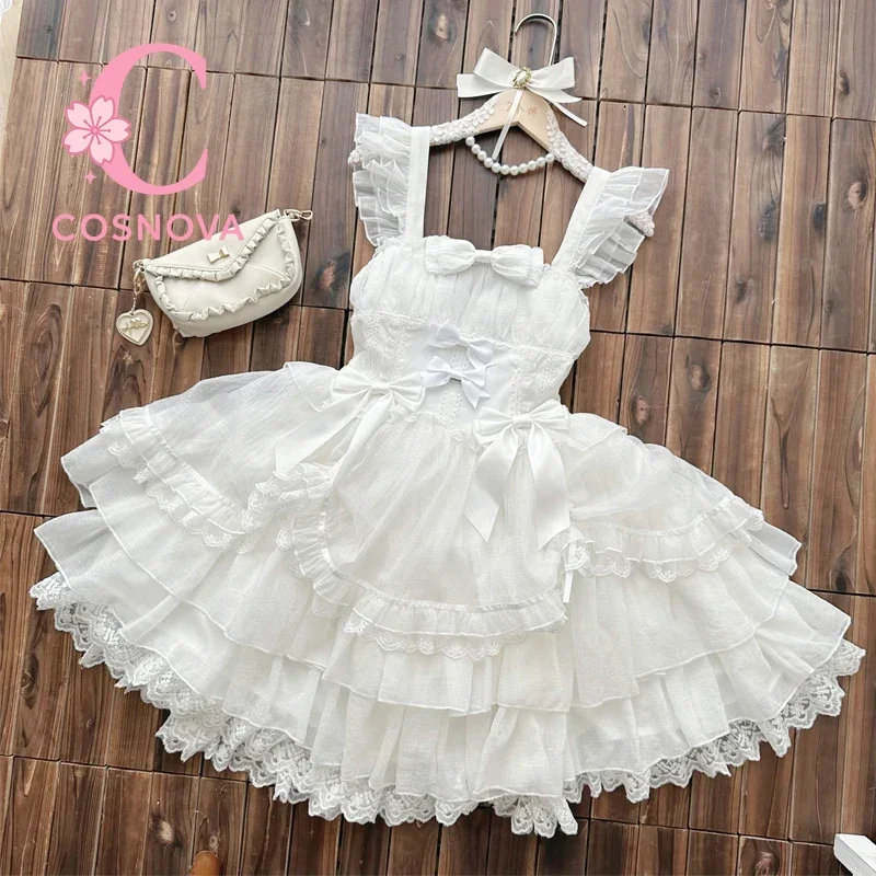 

Japanese Lolita Princess Design Summer Dress Women's Sweet Flower Wedding Lace Bowknot JSK Sling Dress White Korea Cute Dress