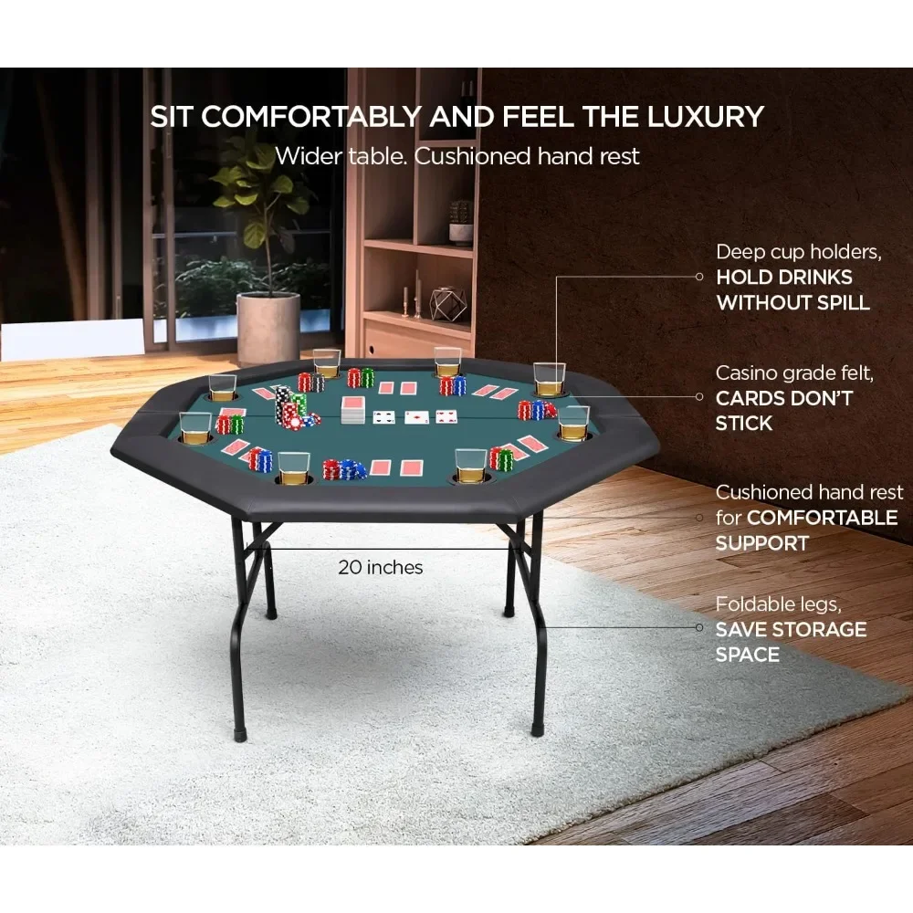 Poker Table 8 Player Portable Poker Table Foldable Poker Table with Casino Grade Felt Cushioned Armrest and 8 Cup Holder