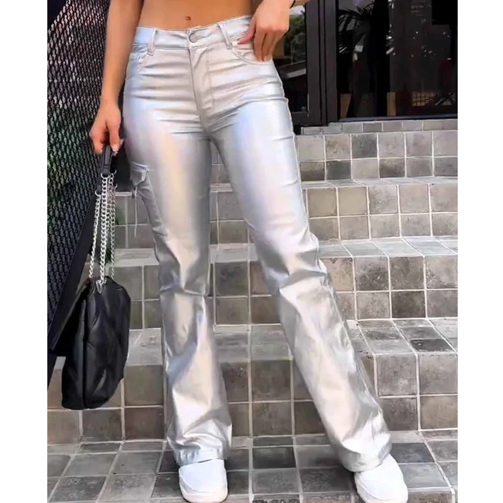 New Fashion Casual Women's Pants Office Lady Y2K Cargo Pants Silver Color Trousers Spring Winter Wear Versatile Leggings