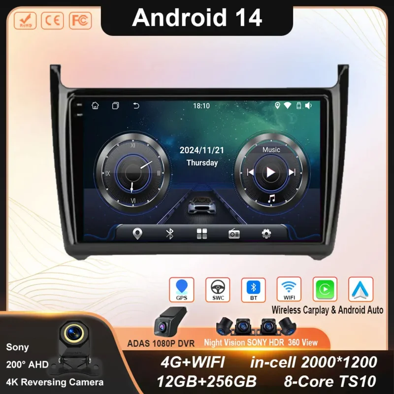 Android 14 Auto Radio 2Din CarPlay Multimedia Video Player For Volkswagen VW POLO sedan 6r 2008-2020 GPS Navigation Car Radio 4G