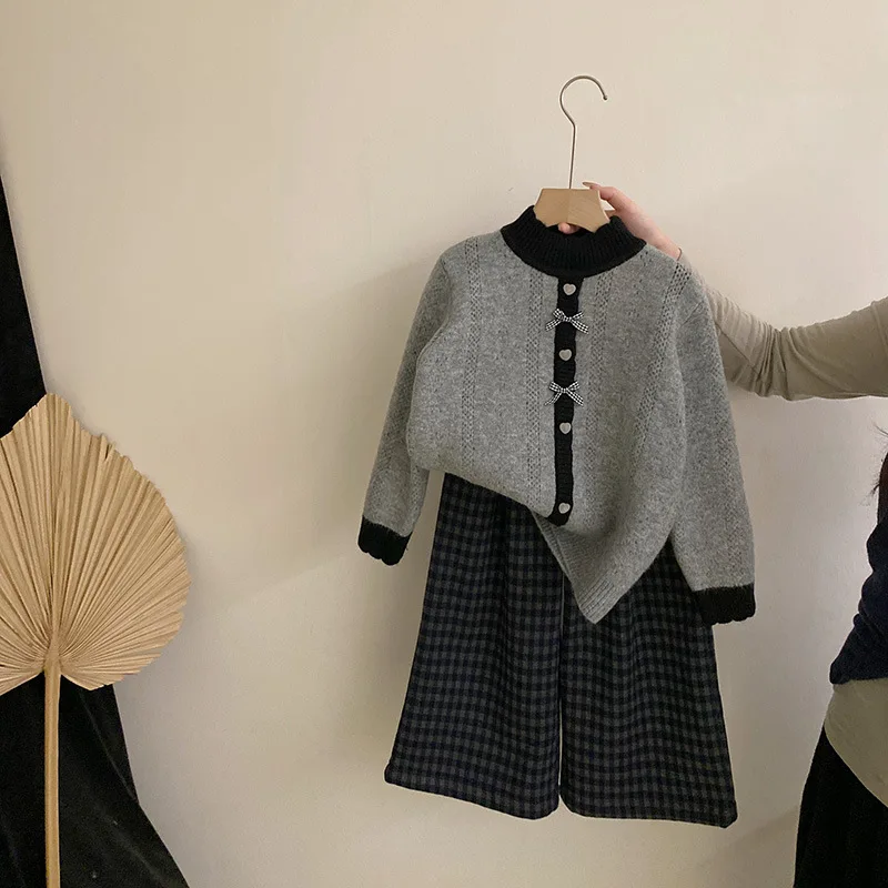 

Winter Children Girls Clothing Cotton Bow Grey Knitted Sweater Coat Suit Thicken Plaid Kids Girls Straight Pant Little Girls Set