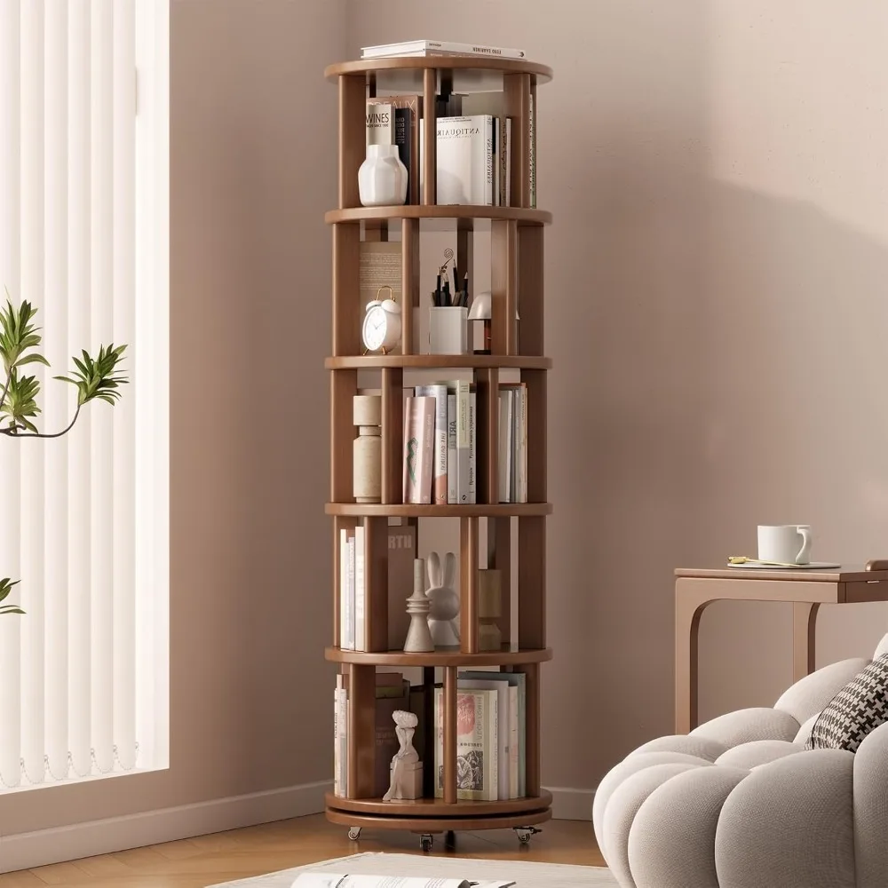 

Solid Wood Rotating Bookshelf on Wheels, 5 Tier, Round Revolving Bookcase, 360° Spinning Book Shelf Tower